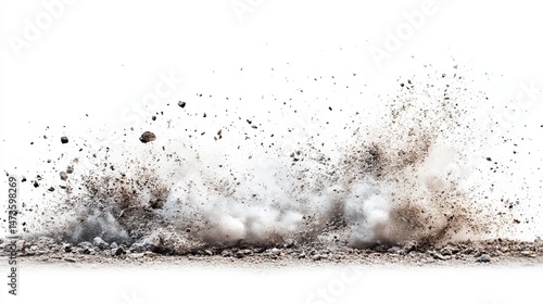 Explosion of earth, dust, and debris against a white backdrop, creating a cloud-like effect