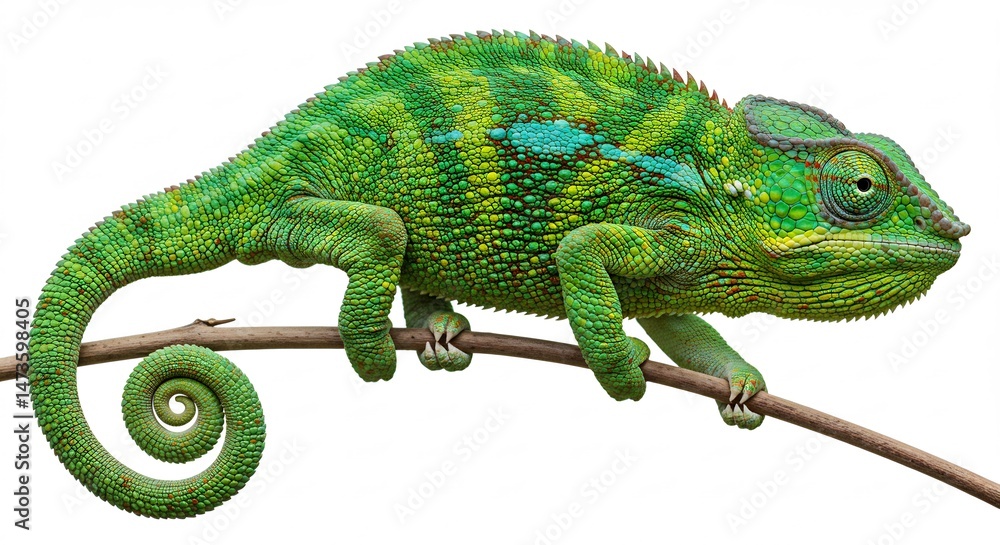 Obraz premium 鮮やか緑色のカメレオン 枝の上優雅に佇む. AI Generated