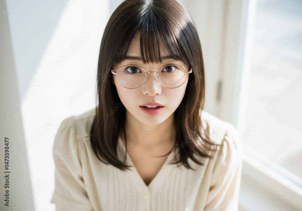 窓辺で佇む若い女性のポートレート 窓辺で佇む若い女性のポートレート