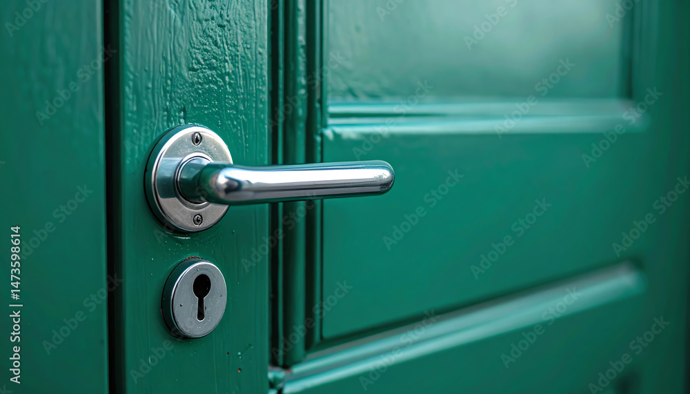 Obraz premium Close-up of a green door featuring a shiny handle and keyhole, highlighting details in color and design