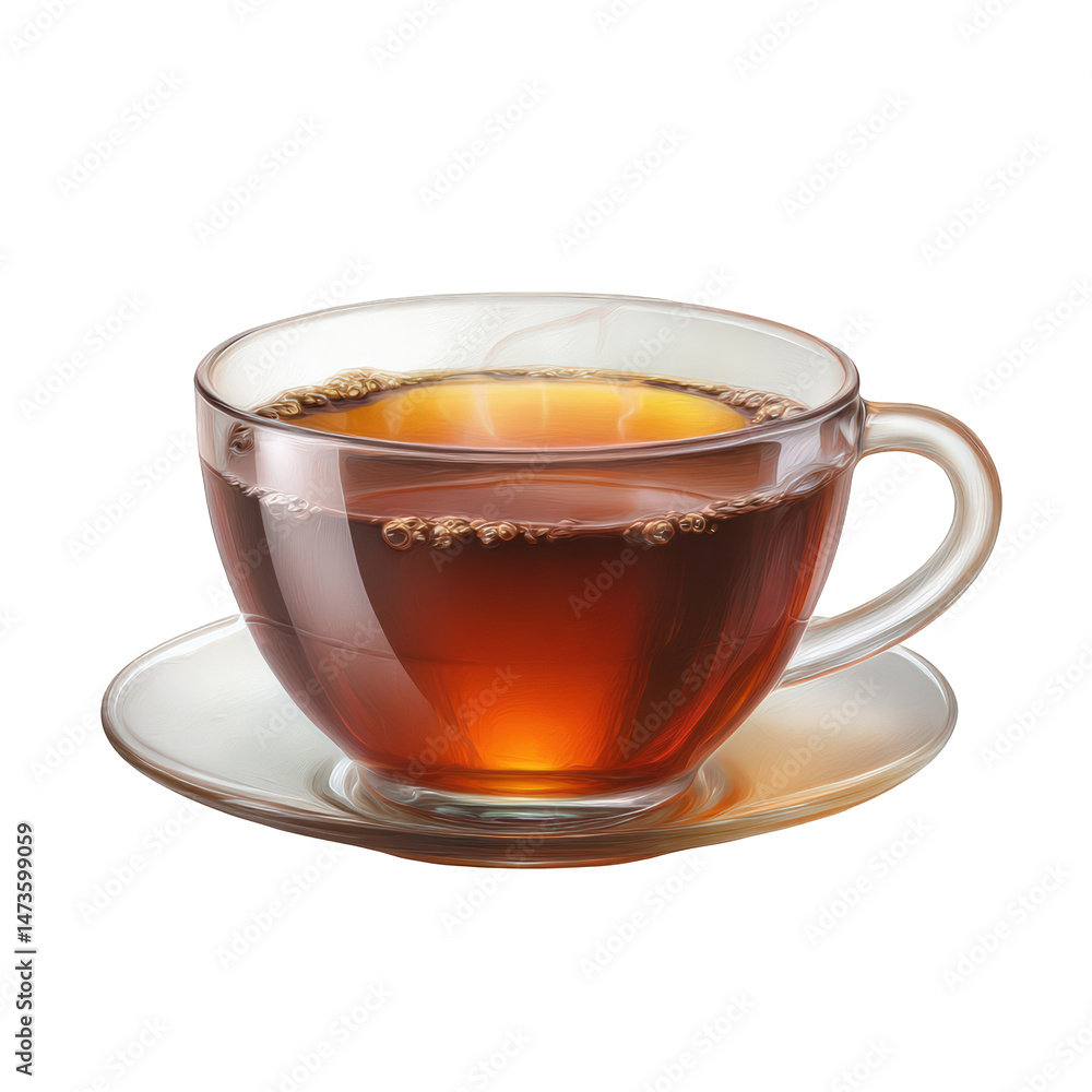 Warm aromatic tea in a clear glass cup on saucer hot food cozy drink brown on transparent background Warm aromatic tea in a clear glass cup on saucer hot food cozy drink brown on transparent background
