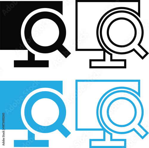 Magnifying glass on desktop computer. Bicolor line icon on black or white background - Editable stroke Signal Analysis Icon - Thin Line Vector. Pixel Perfect. Editable Stroke.