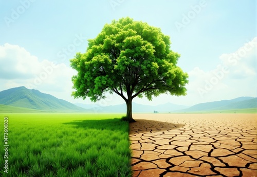 Deciduous Tree on the Border of Lush Grassland and Dry, Cracked Earth