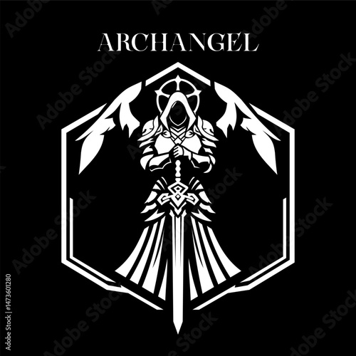 Archangel, black and white logo depicting a majestic figure of an angel in armor with a sword. Stylized black and white illustration of an archangel warrior with wings and a sword. Vector illustration