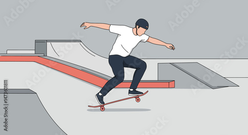 Skateboarder on a ramp with outstretched arm ready for a trick