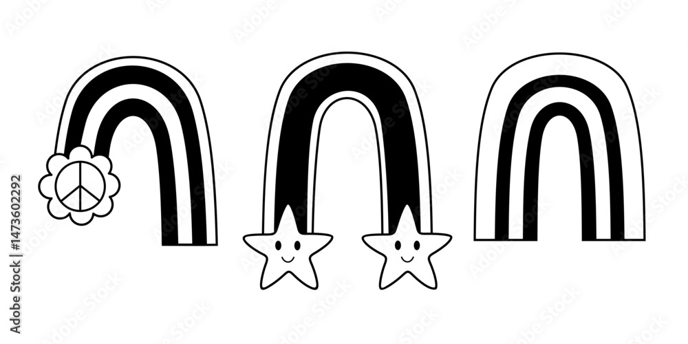 Black and white retro groovy rainbows doodle set, isolated cartoon seasonal objects. Hand drawn vector illustration in flat style. Black and white retro groovy rainbows doodle set, isolated cartoon seasonal objects. Hand drawn vector illustration in flat style.