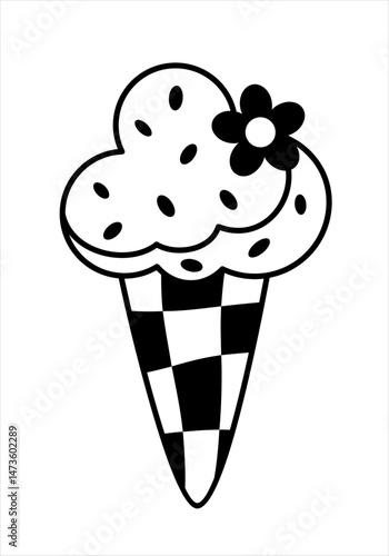 Black and white groovy ice cream doodle, cute cartoon seasonal sweet food. Summer hand drawn vector illustration in flat style