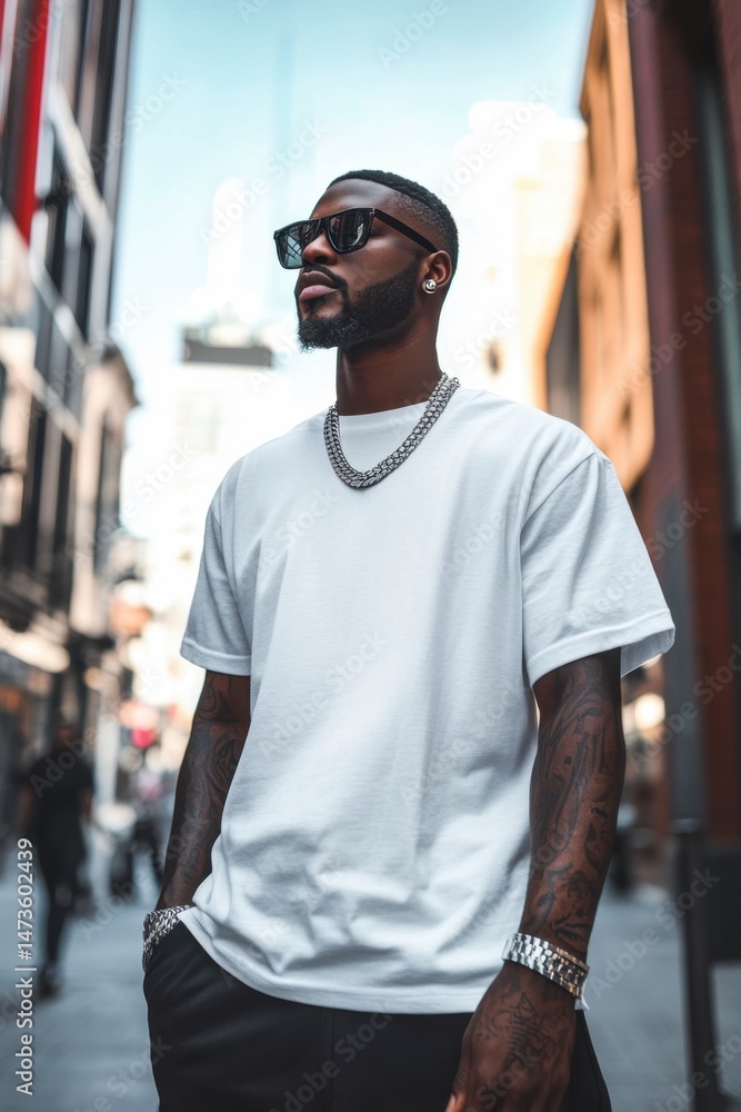 Fototapeta premium Stylish Man in Sunglasses Posing on City Street in Urban Environment