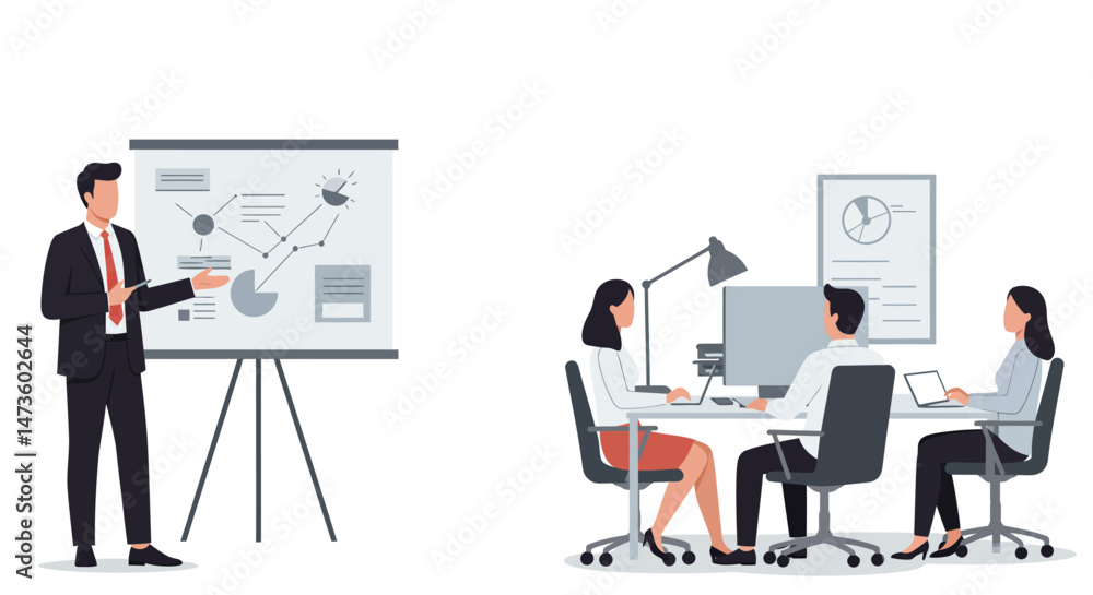 Fototapeta premium Businessman Presenting Financial Data on a Flip Chart with Red Tie and Pointer