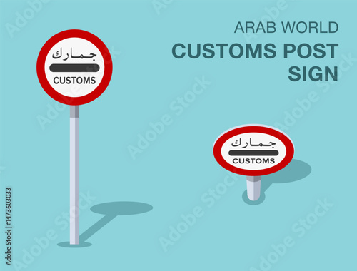 Traffic regulation rules. Isolated Arab world "customs post" road sign. Front and top view. Flat vector illustration template.