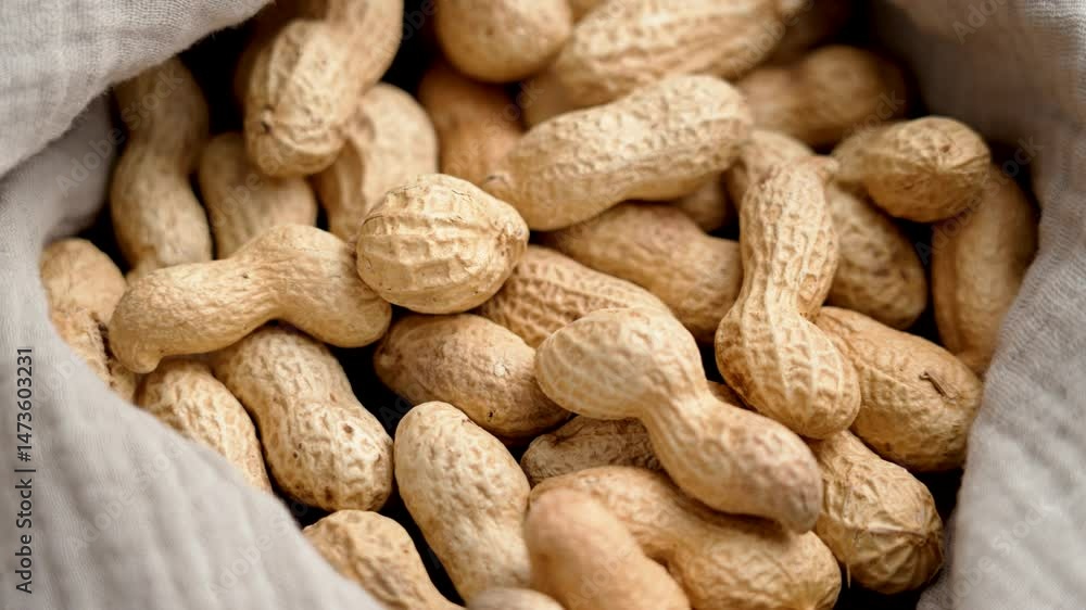Unshelled roasted peanuts on a cloth kitchen napkin. Nutritious organic nuts. Rotation Unshelled roasted peanuts on a cloth kitchen napkin. Nutritious organic nuts. Rotation