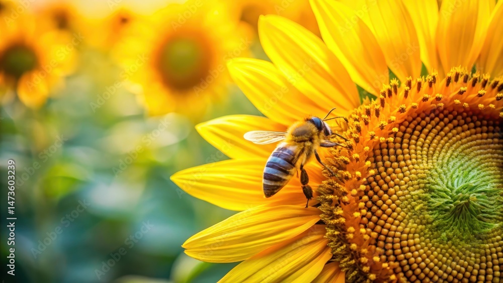 Obraz premium Bee Collecting Nectar from Sunflowers in Garden, nature, outdoors, nature, outdoors