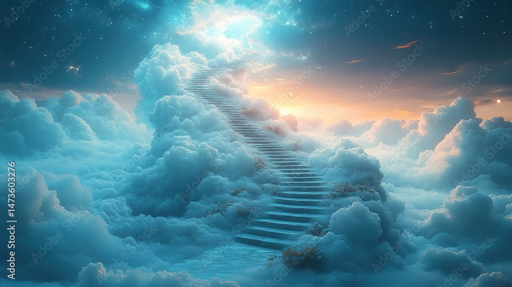 Naklejka premium A surreal image of a staircase winding endlessly upwards into a cloudy sky, representing infinite possibilities and journeys without end