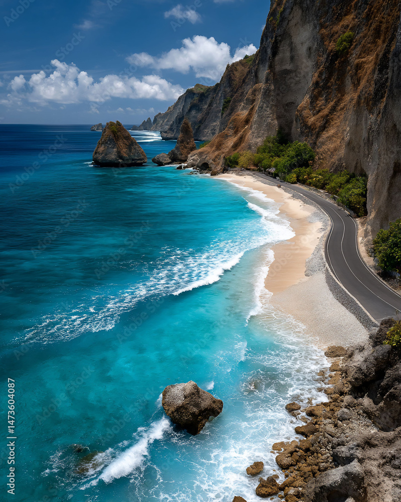 Obraz premium Coastal road hugs a sandy beach with towering cliffs and turquoise water on a sunny day