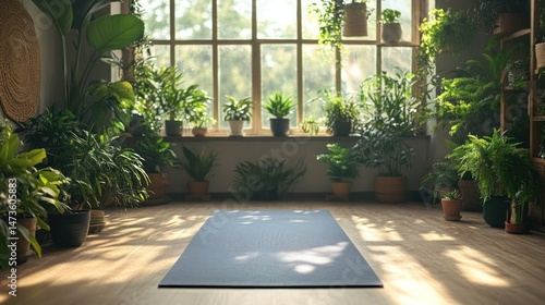 Peaceful yoga space with plants