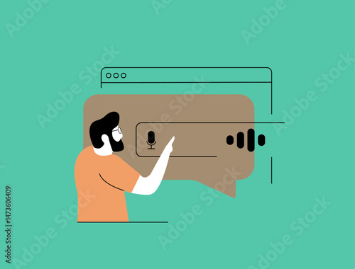 Voice search optimization - natural language queries, voice-enabled speech recognition, structured data and SEO tools for improving visibility in voice assistant search results. Vector illustration
