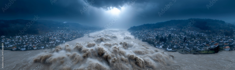 Fototapeta premium Apocalyptic Flood: A powerful and dramatic image capturing the awe-inspiring force of nature, as a torrential flood inundates a city. A visual of water level rising and destructive devastation.