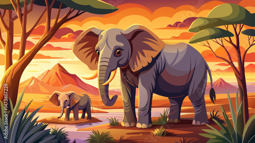 Small baby elephant with mother. Elephant at Mana Pools NP, Zimbabwe in Africa. Big animal in the old forest, evening light, sun set. Magic wildlife scene in nature. African pup elephant in habitat .V