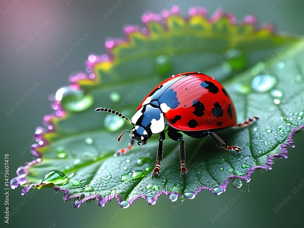 Fototapeta premium Ladybug on Dewy Leaf in Vibrant Macro Close-Up