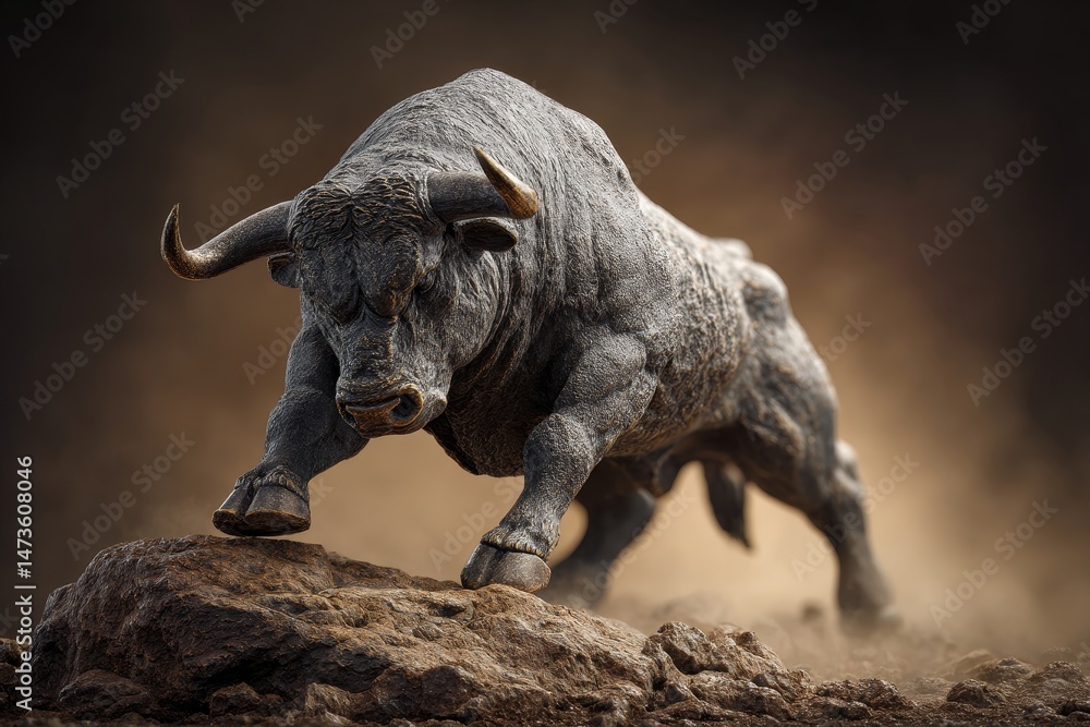 Fototapeta premium Powerful bull surging atop a rocky elevation.