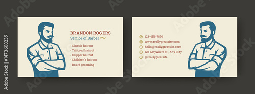 Clean and professional business card template for a barber, featuring personal and contact information with service options listed. Ideal for both personal and corporate use