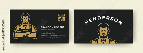 Modern black and gold business card featuring a stylish barber illustration, contact details, and a QR code. Perfect for barbershop branding and marketing. Vector illustration