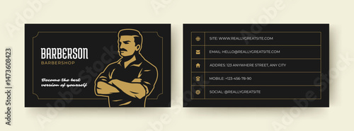 Modern business card featuring a stylish barber portrait, contact details, and a sophisticated design. Perfect for barbershops and personal branding. Vector illustration