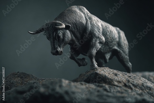 Powerful bull statue atop dark rocks. photo