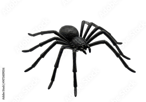 Comic horror black rubber spider toy for Halloween, isolated on transparent background