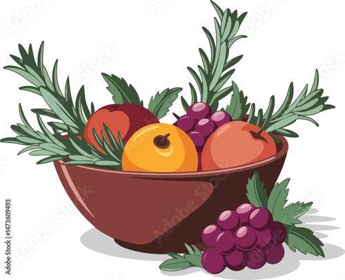 A Fruitful Feast Fresh Fruit and Herbs in a Bowl illustration