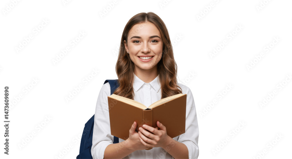 Smiling Female Student Holding an Open Book, Isolated on Transparent PNG Background Smiling Female Student Holding an Open Book, Isolated on Transparent PNG Background