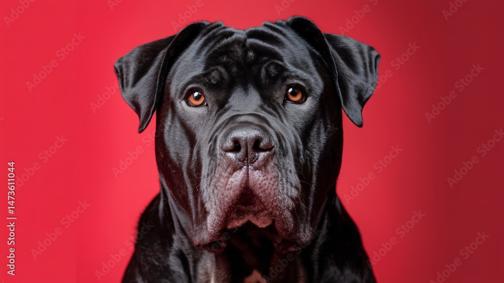Fototapeta premium A majestic black dog with soulful eyes against a vibrant red background.