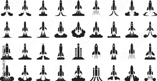 Rocket Launch Silhouette Icon Featuring Black Rocket on White Background in Various Launch Stages