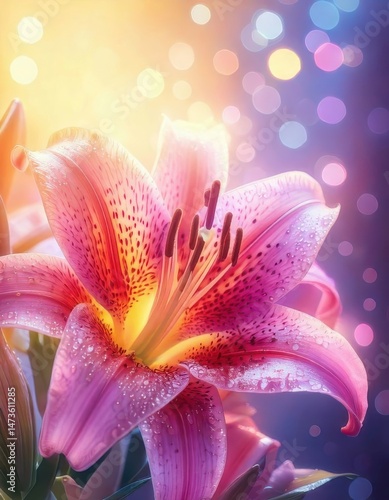 Lily surrounded by glowing particles and cinematic lighting in a surreal dreamlike scene