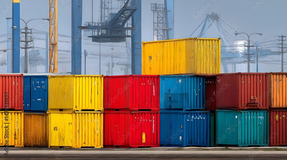 Fototapeta premium Discover Versatile Shipping Container Rows Painted In Bold Primary Hues For Innovative Modular Architecture Photography