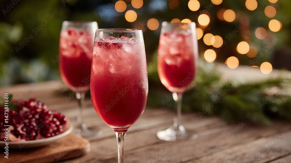 Refreshing pomegranate cocktail celebrating christmas with festive lights Refreshing pomegranate cocktail celebrating christmas with festive lights