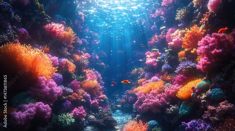 A vibrant coral reef teeming with an array of fantastical, bioluminescent sea creatures swimming amongst intricate formations of colorful coral A vibrant coral reef teeming with an array of fantastical, bioluminescent sea creatures swimming amongst intricate formations of colorful coral