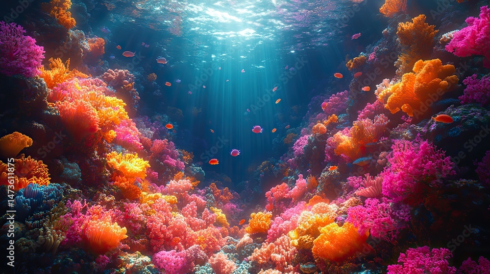 A vibrant coral reef teeming with an array of fantastical, bioluminescent sea creatures swimming amongst intricate formations of colorful coral A vibrant coral reef teeming with an array of fantastical, bioluminescent sea creatures swimming amongst intricate formations of colorful coral
