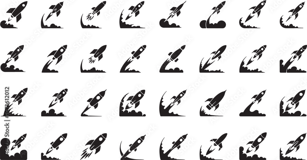 Naklejka premium Rocket Launch Silhouette Icon Featuring Black Rocket on White Background in Various Launch Stages