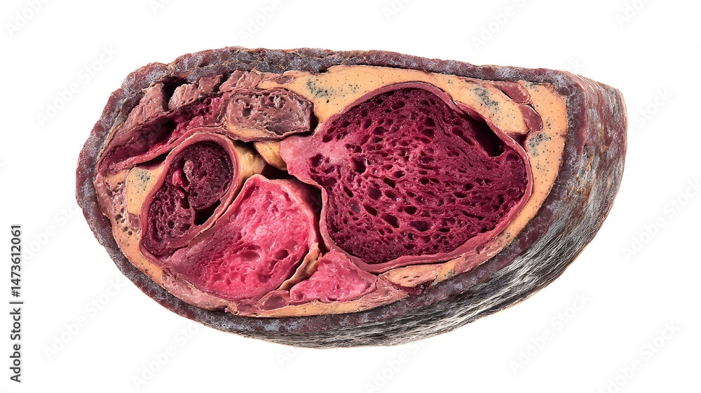 Obraz premium Front view of cryosectioned liver tissue slice stained for histological examination revealing cellular architecture details