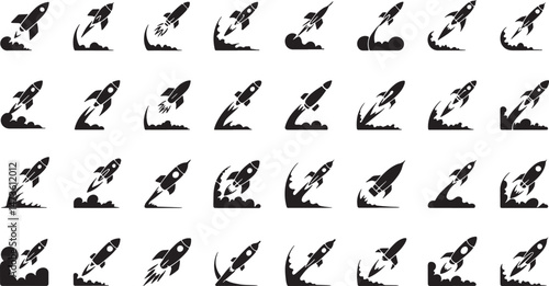 Rocket Launch Silhouette Icon Featuring Black Rocket on White Background in Various Launch Stages