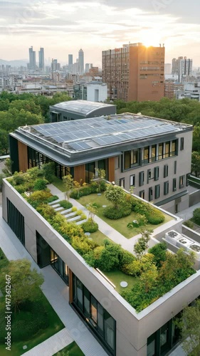 an elegant building with a rooftop garden, situated amidst an urban landscape. The building features solar panels on the roof and a green space