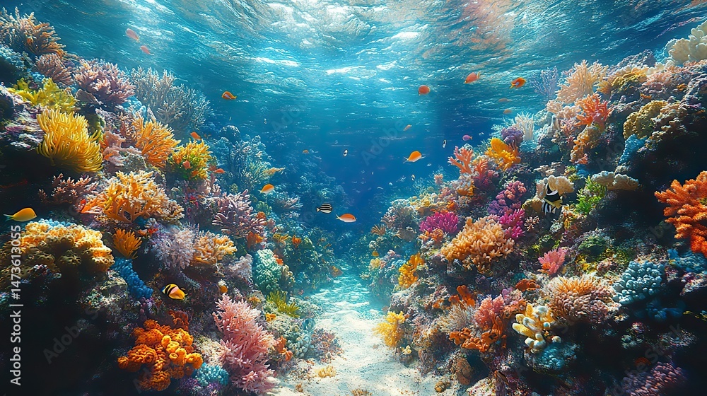 A vibrant coral reef teeming with diverse marine life, including colorful fish, sea turtles, and intricate coral formations, under the clear, turquoise water A vibrant coral reef teeming with diverse marine life, including colorful fish, sea turtles, and intricate coral formations, under the clear, turquoise water