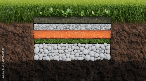 Cross-section illustration showing layers of soil, gravel, rocks, and grass with roots and vegetation above ground.
