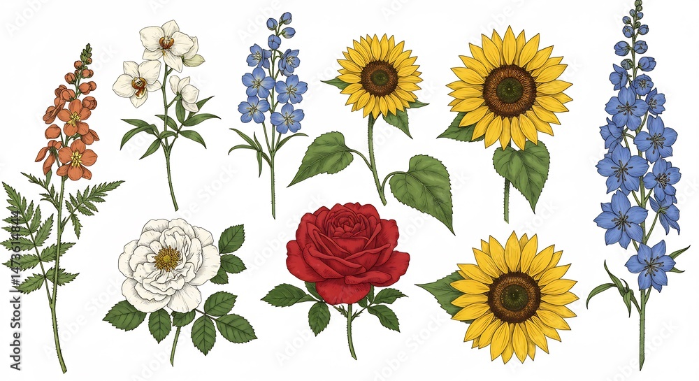 Naklejka premium 繊細なタッチで描く、夏の野花の華麗なコレクション. AI Generated