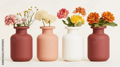 Wallpaper Mural Four vases of different colors and shapes hold flowers against a white background. Torontodigital.ca