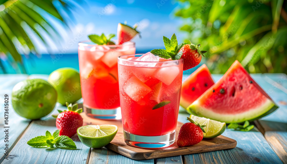 Refreshing watermelon cocktails with vibrant colors, garnished with mint and strawberries, set against tropical backdrop of palm leaves and serene ocean view Refreshing watermelon cocktails with vibrant colors, garnished with mint and strawberries, set against tropical backdrop of palm leaves and serene ocean view