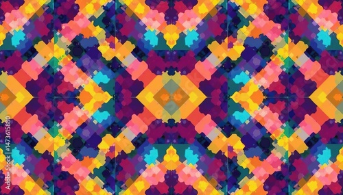 Vibrant geometric shapes forming a repeating pattern, ideal for textile design and background , modern, texture, bold colors