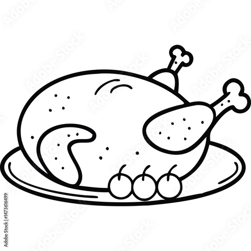 Roasted Chicken Black and White Illustration Food Dinner