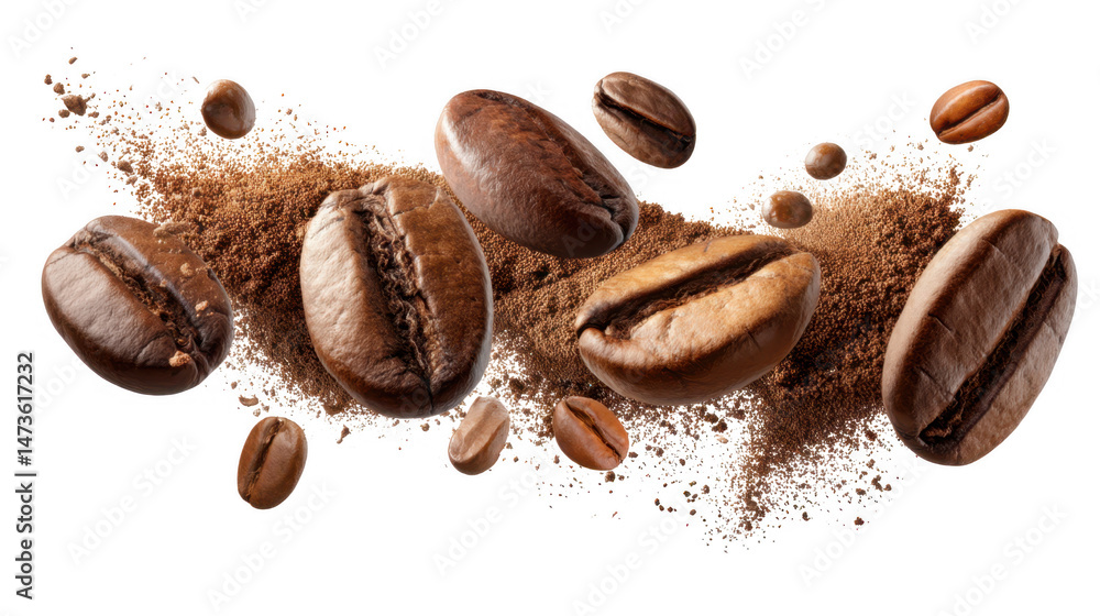 Aromatic Roasted Coffee Beans Suspended in Ground Coffee Burst A Vibrant Image for Beverage Ads Aromatic Roasted Coffee Beans Suspended in Ground Coffee Burst A Vibrant Image for Beverage Ads